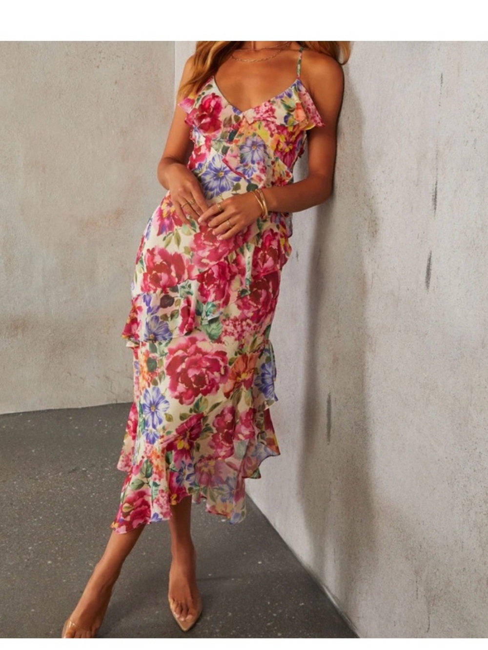 Dress Forum Asymmetrical Vibrant Floral Ruffle Slip Dress